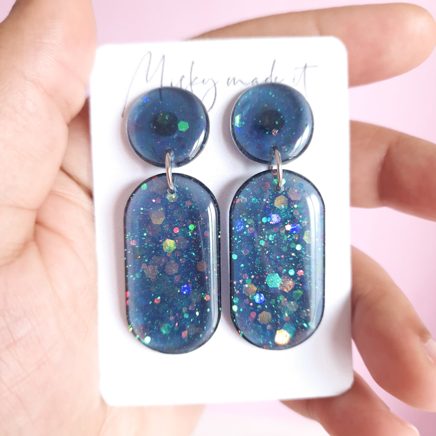 Micky made it Hestia earrings in mermaid tears transparent blue glitter mix with iridescent colour shift 