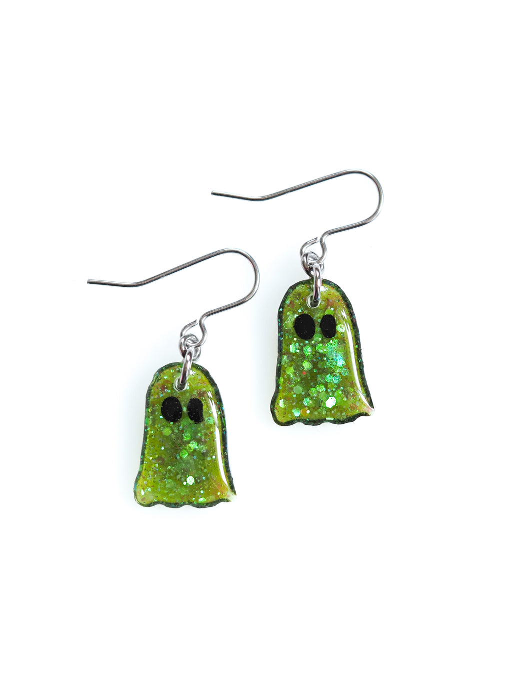 Melinoë ghost drop earrings in green with iridescent colour shifting glitter on a white background