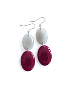 Duet resin drop earrings from the Chroma collection in mist grey and mulberry on a white background