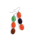 Sequence resin drop earrings from the Chroma collection in transparent forest green, rust, burnt umber and aubergine on a white background
