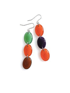 Sequence resin drop earrings from the Chroma collection in transparent forest green, rust, burnt umber and aubergine on a white background