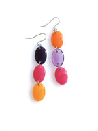 Sequence resin drop earrings from the Chroma collection in aubergine, candy pink, translucent orange, orange and transparent aubergine  on a white background
