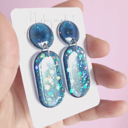 Micky made it Hestia earrings in mermaid tears transparent blue glitter mix with iridescent colour shift 